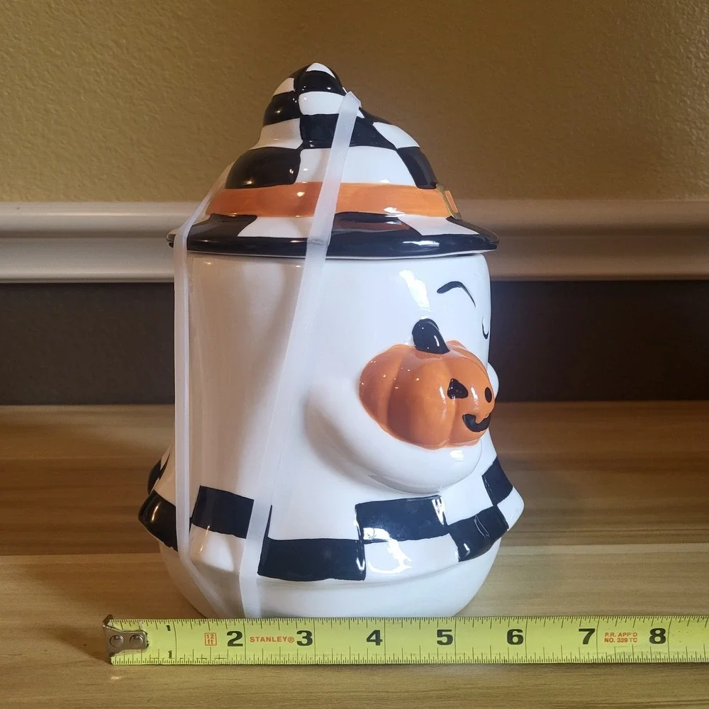 Jack O Lantern Lane Halloween Ghost Cookie Jar Pumpkin Checkerboard Ceramic NEW